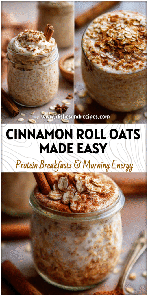 Creamy cinnamon roll protein oatmeal in a jar topped with oats and cinnamon for a Yummy Healthy Overnight Oats look